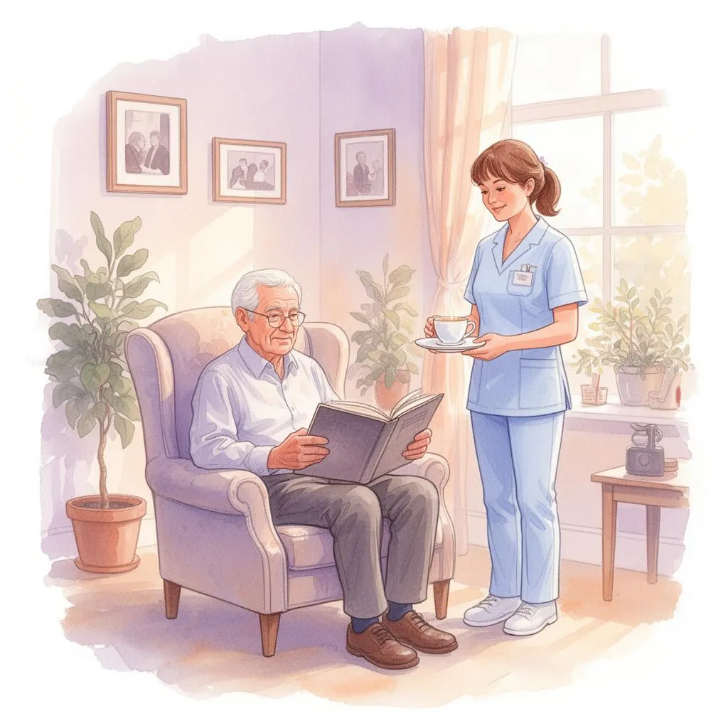 Caregiver with senior in a bright home